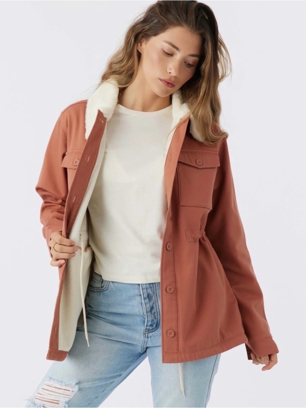 Hang Ten Fleece Utility Jacket Women’s M Salmon Boxy Retro Workwear 70s Boho